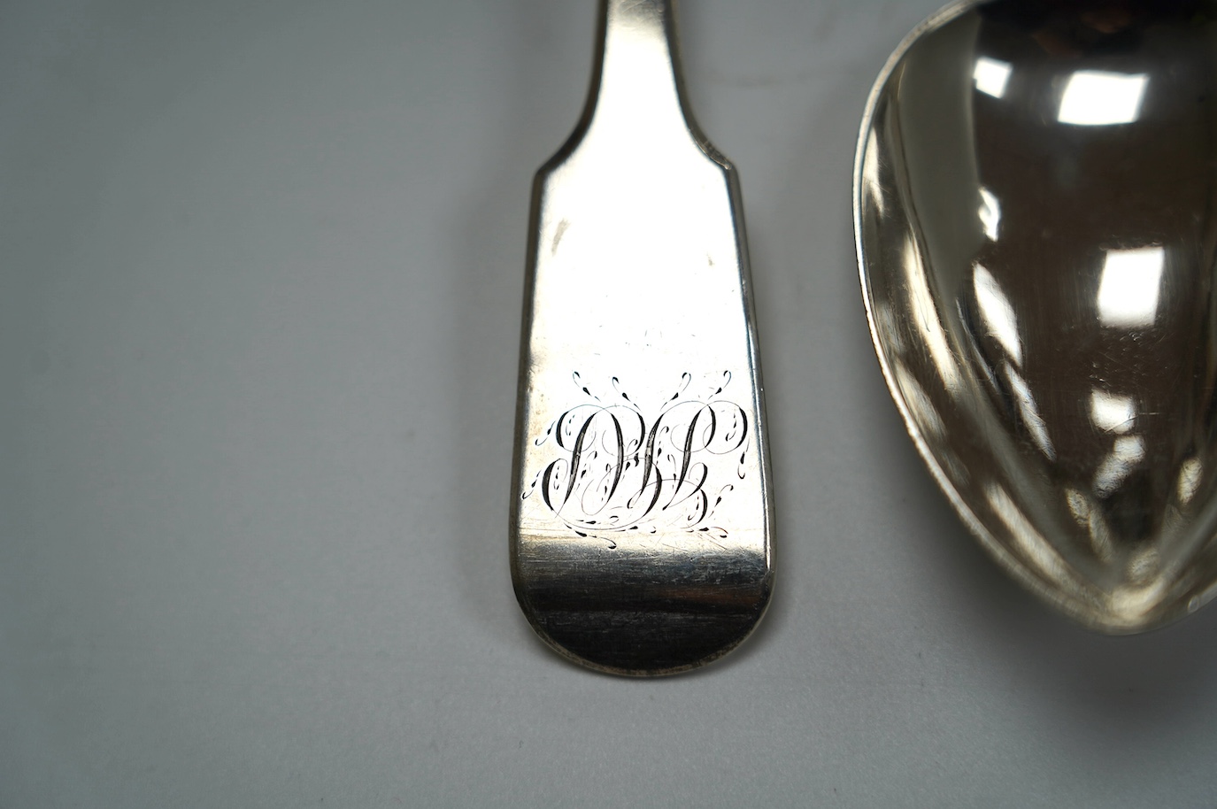 Six assorted 18th/19th century silver tablespoons, including pair of fiddle pattern by Jonathan Hayne, London, 1830 and Irish Old English pattern, Cristopher Skinner, Dublin, 1759, 13.1oz. Condition - fair